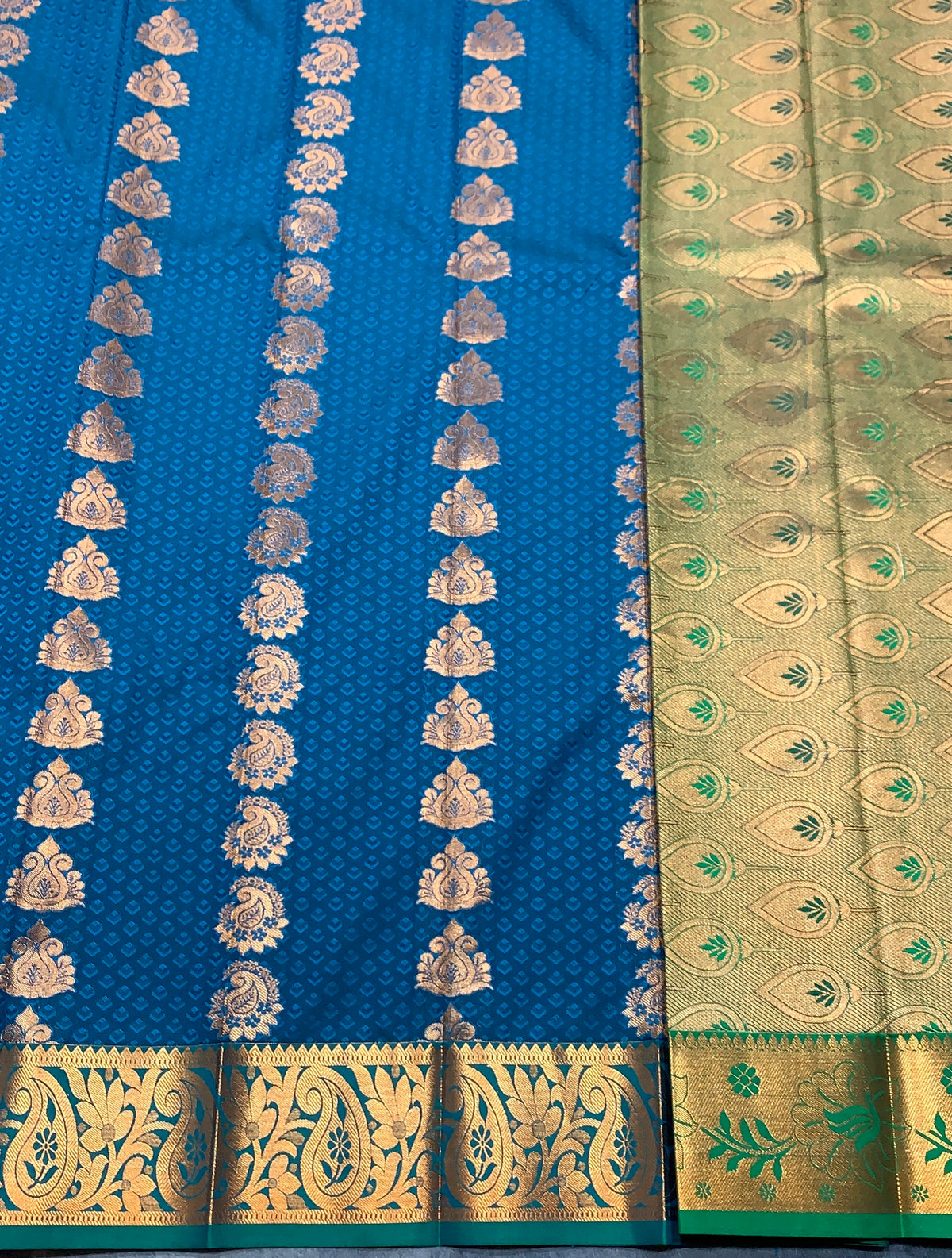 Vegan Silk Saree Peacock Blue Colour Saree with Green and Copper Border