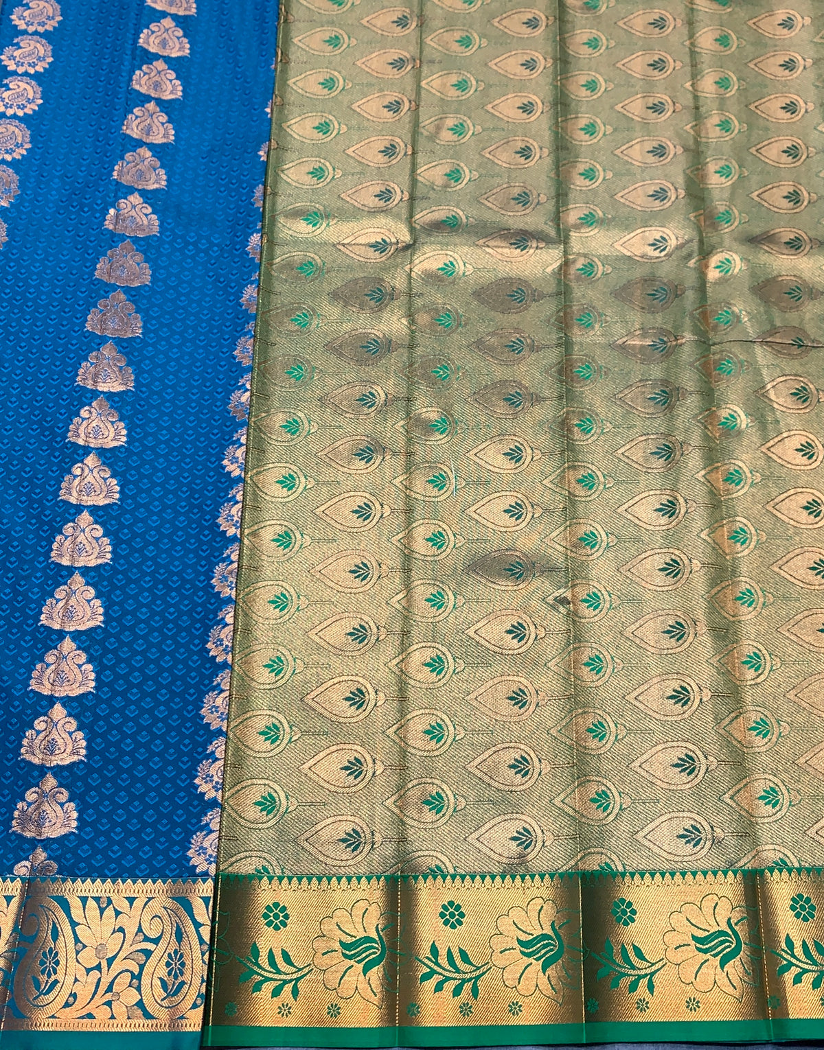 Vegan Silk Saree Peacock Blue Colour Saree with Green and Copper Border