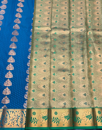 Vegan Silk Saree Peacock Blue Colour Saree with Green and Copper Border