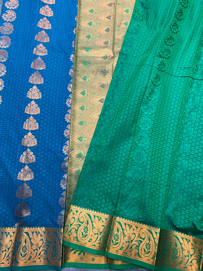 Vegan Silk Saree Peacock Blue Colour Saree with Green and Copper Border