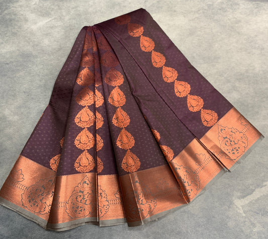 Vegan Silk Saree Brown Colour Saree with Copper Border