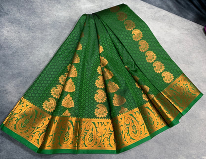 Vegan Silk Saree Olive Green Colour Saree with Copper Border