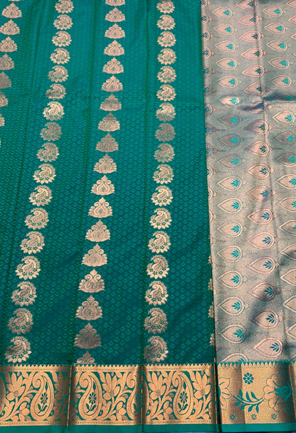 Vegan Silk Saree Olive Green Colour Saree with Copper Border