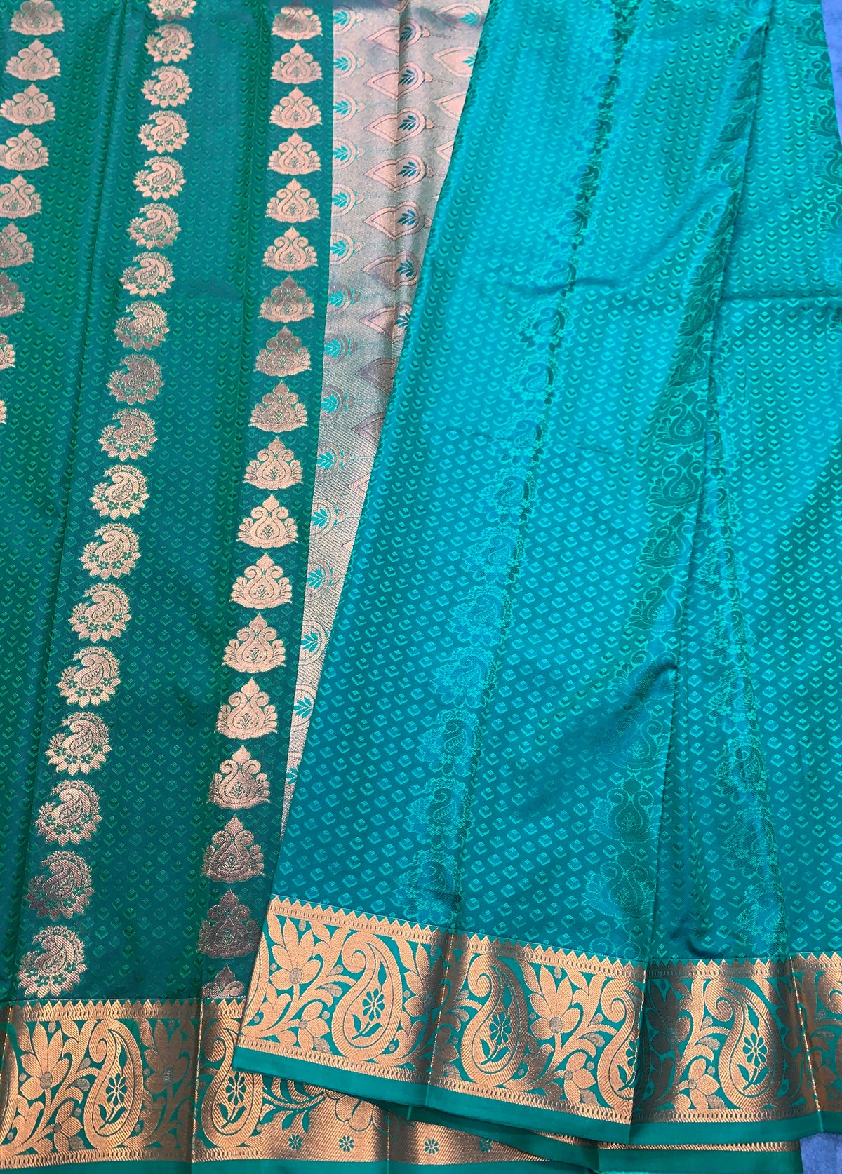 Vegan Silk Saree Olive Green Colour Saree with Copper Border