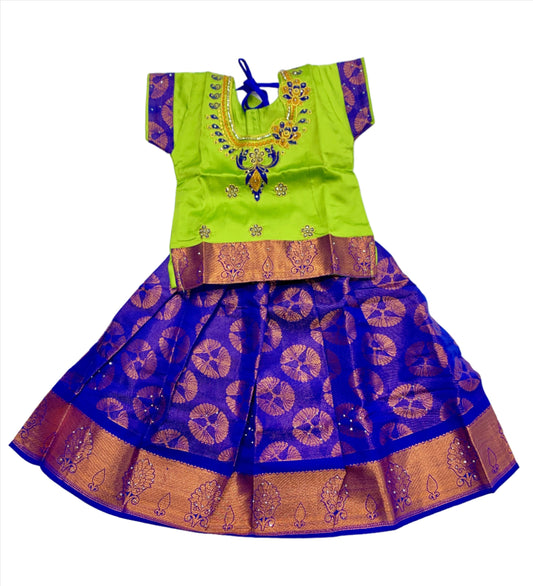 Ready To Wear Blue Pavadai with contrast Apple Green Blouse