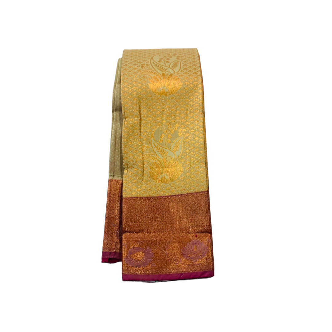 Vegan Silk Saree Light Pista Green Colour with Copper with Pink with  lotus   design.