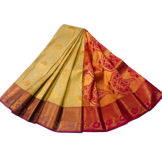 Vegan Silk Saree Light Pista Green Colour with Copper with Pink with  lotus   design.