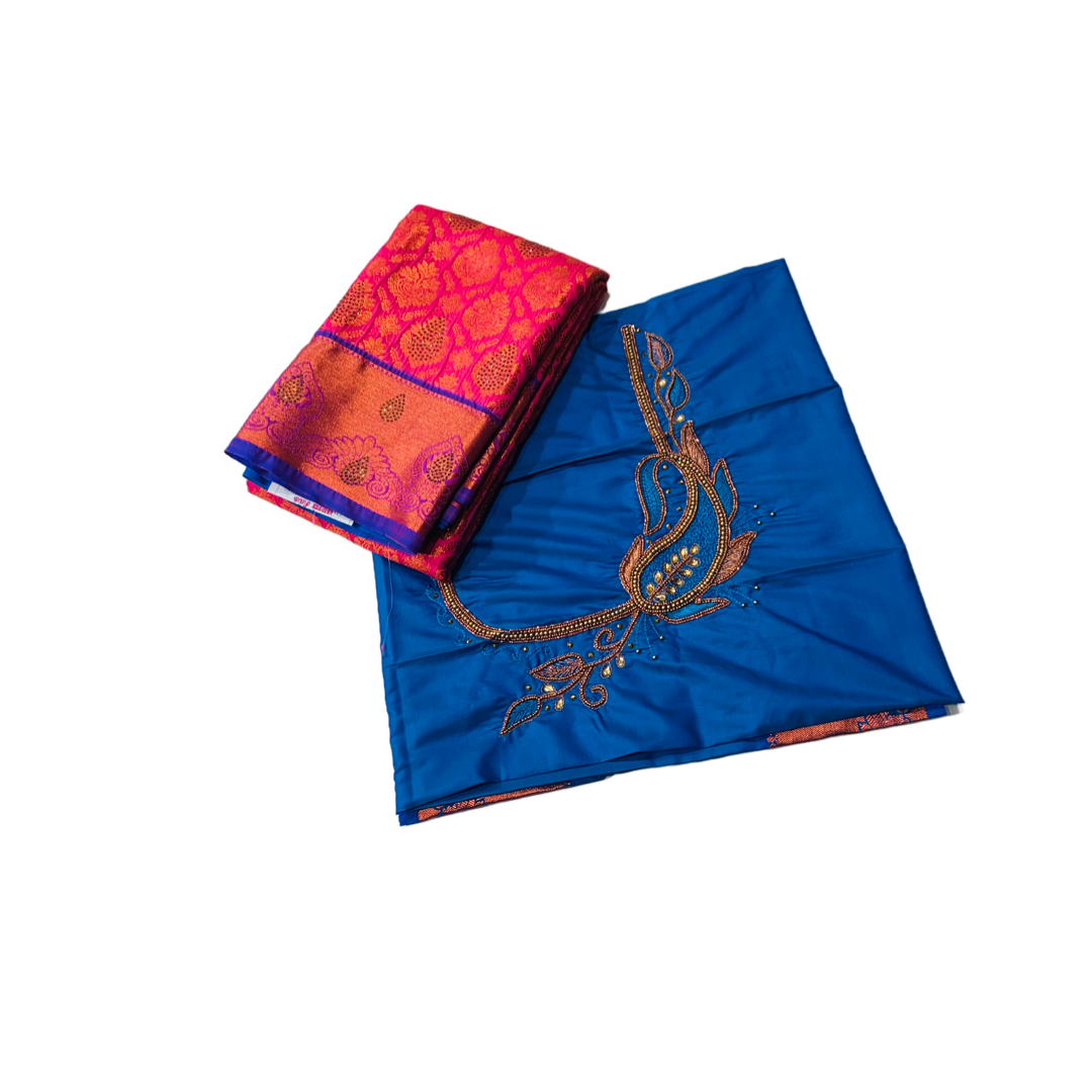 Vegan Silk Saree Lotus Pink Shade with Unstitched blouse in Aari work