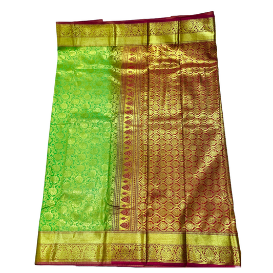 Light Green Shade Kanchipuram Silk Saree with Golden Border with Flower design.