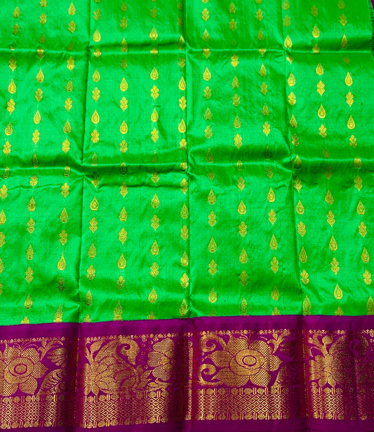 Light Green shade Pure kanchipuram Kids Pattu Pavadai with contrast border(Size-2) Below 1 year