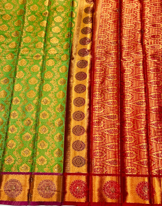 Bridal Vegan Silk Saree Light Green Colour with Copper Border