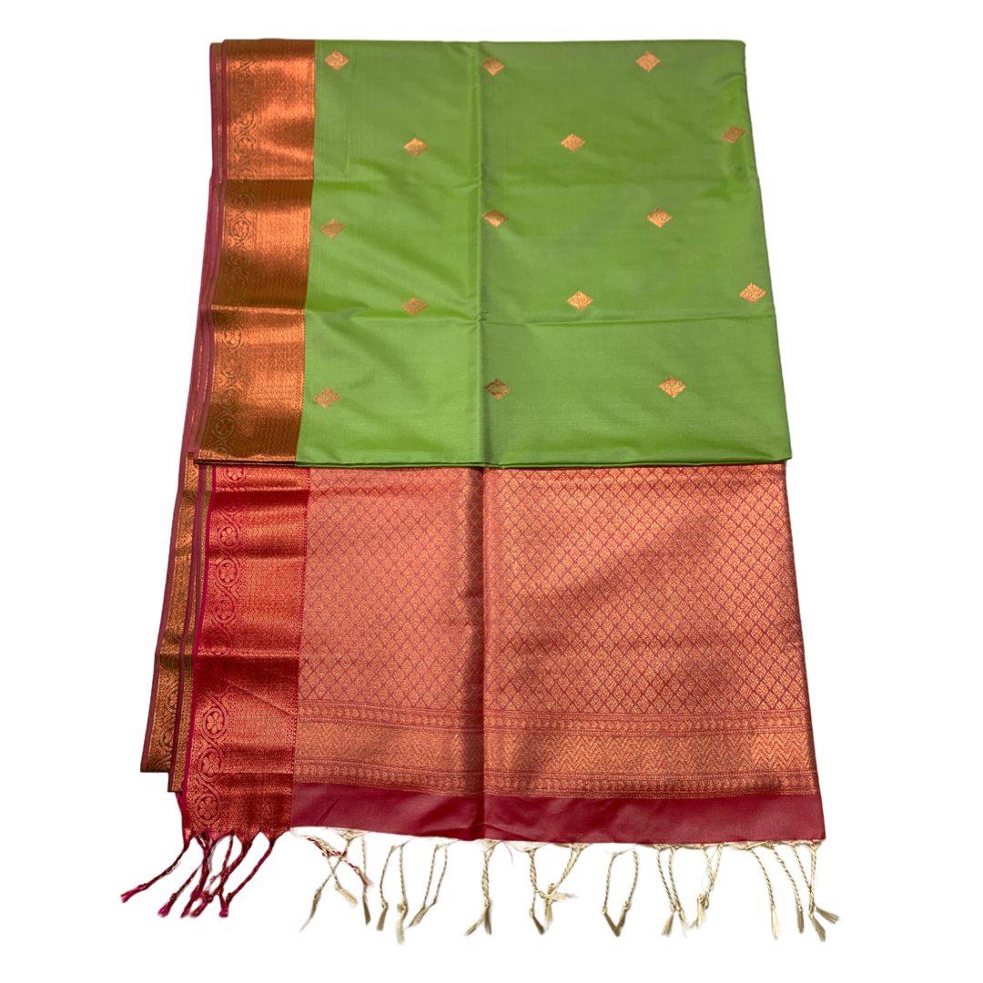 Soft Vegan Silk Saree Light Green Colour with Pink Pallu