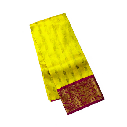 Lemon Yellow shade Pure kanchipuram Kids Pattu Pavadai with contrast border for newborn to 2 Years