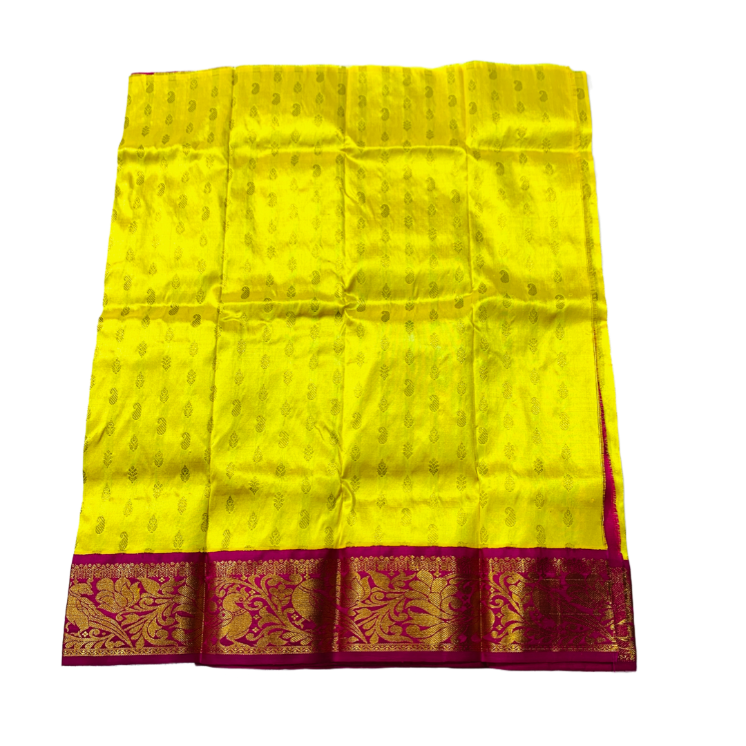 Lemon Yellow shade Pure kanchipuram Kids Pattu Pavadai with contrast border for newborn to 2 Years