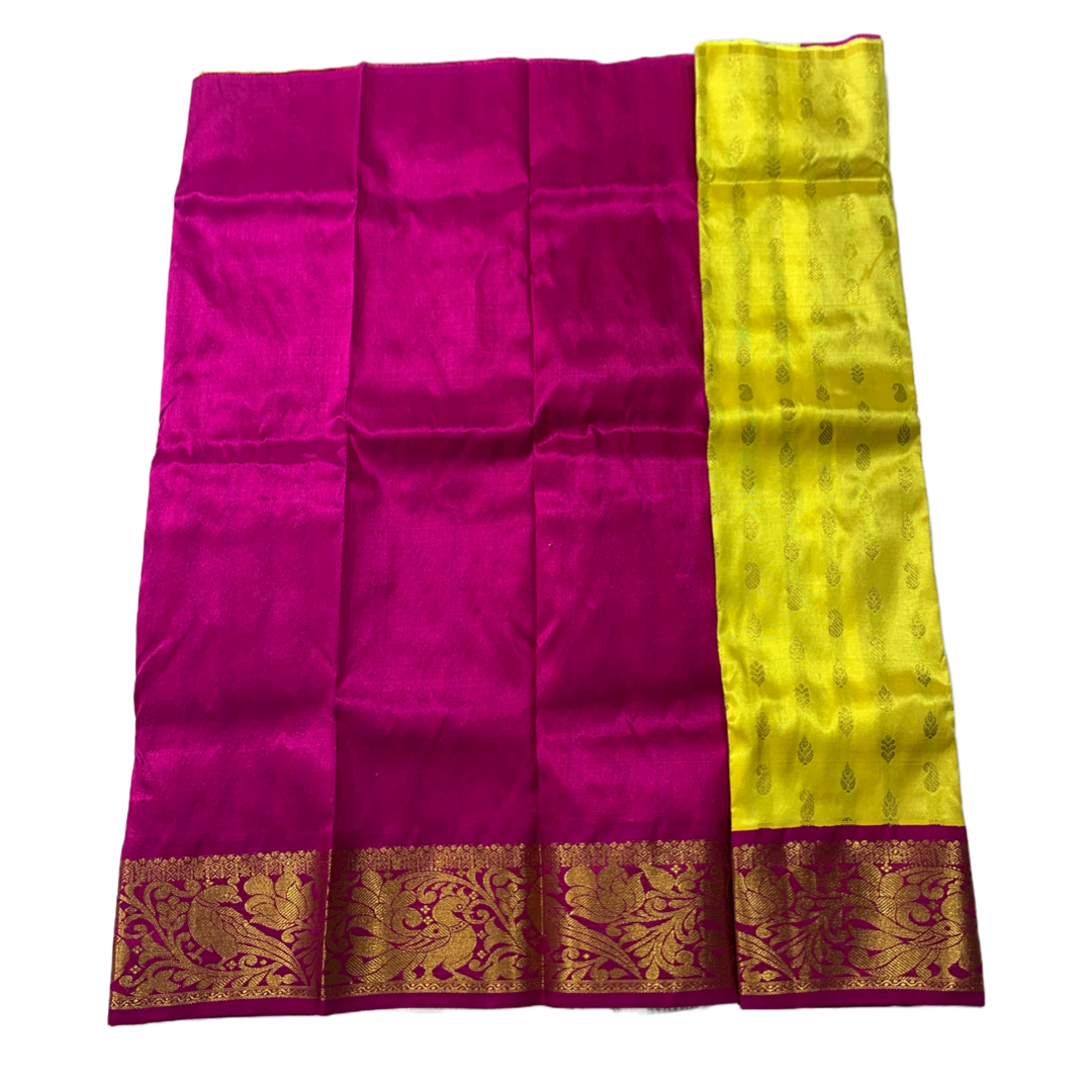 Lemon Yellow shade Pure kanchipuram Kids Pattu Pavadai with contrast border for newborn to 2 Years