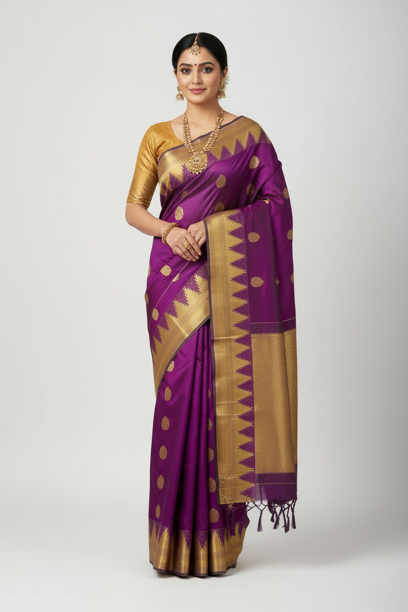 Pure Kachipuram Silk Saree Purple Colour Flower Motifs