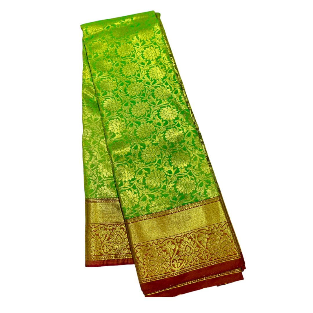 Light Green Shade Kanchipuram Silk Saree with Golden Border with Flower design.