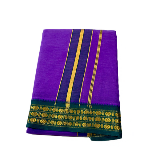 Lavendar shade Cotton Dhoti with Border Green shade with diamond design.