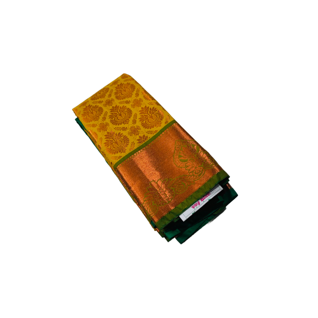 Lemon Yellow shade Soft kanchi pattu with Copper with Green Border with Lotus design.