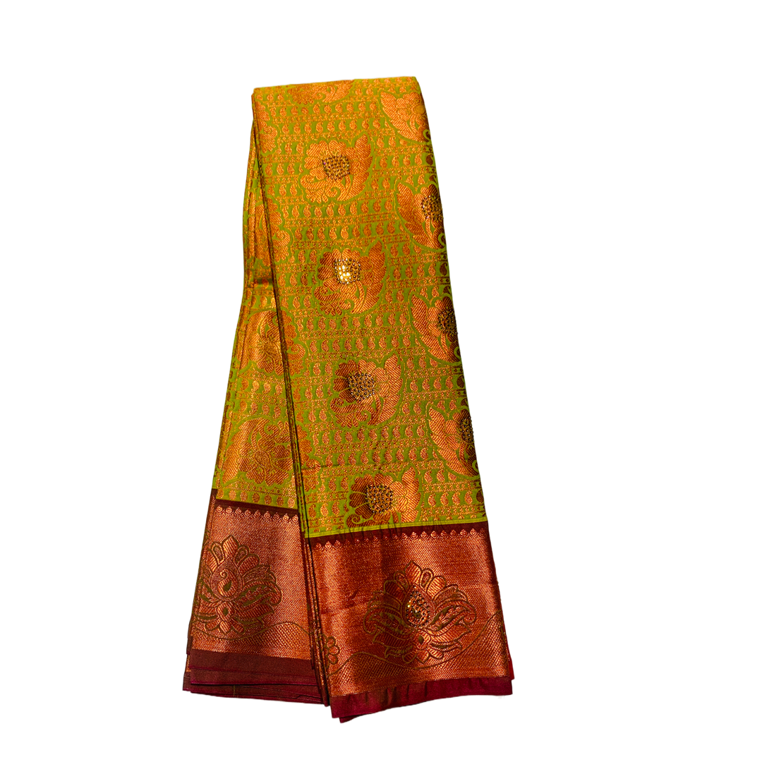 Bridal Vegan Silk Saree Light Green Colour with Copper Border