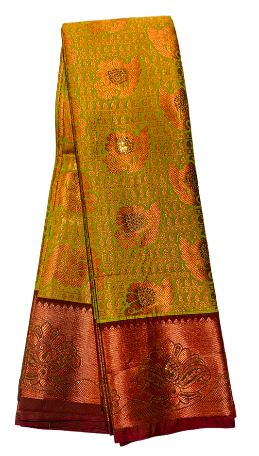 Bridal Vegan Silk Saree Light Green Colour with Copper Border