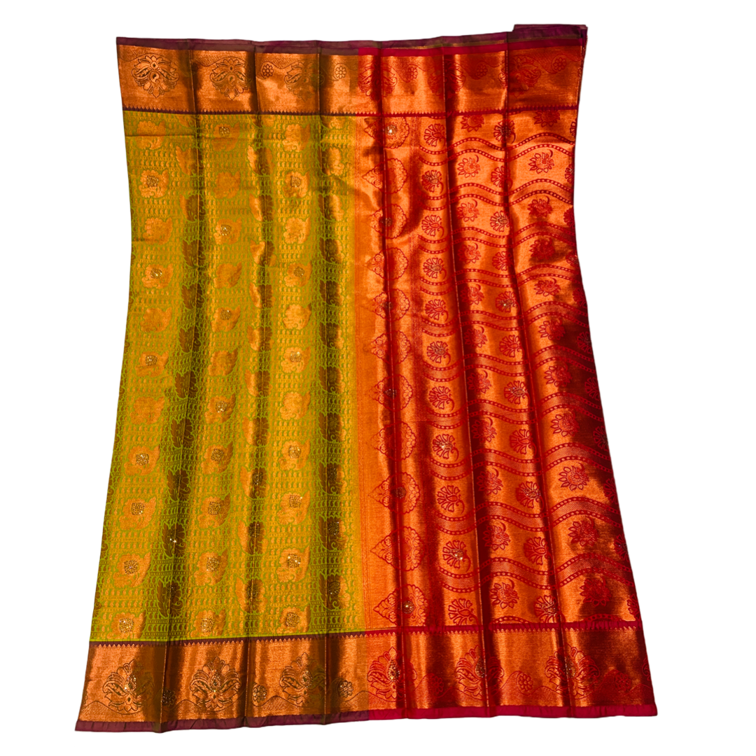 Bridal Vegan Silk Saree Light Green Colour with Copper Border