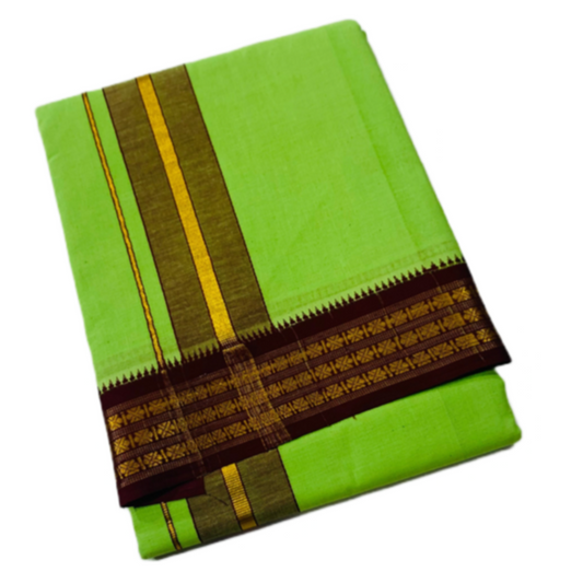 Lignt Green shade  Cotton Dhoti with Border Brown shade with diamond design.