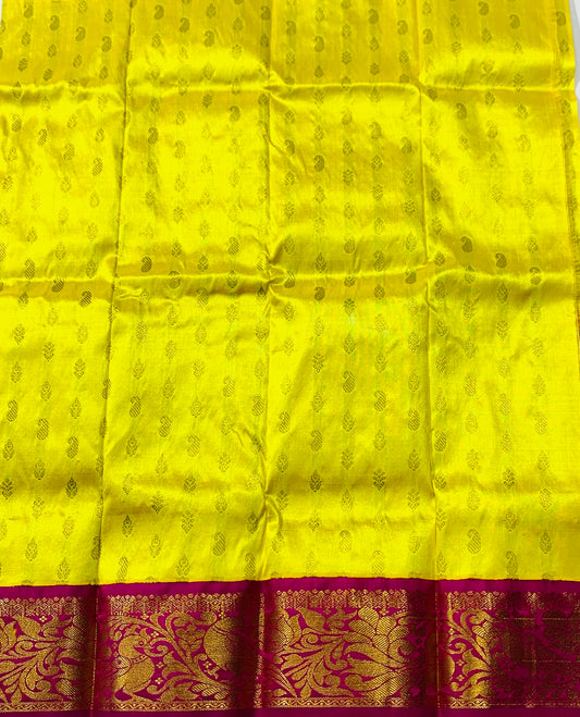 Lemon Yellow shade Pure kanchipuram Kids Pattu Pavadai with contrast border(Size-2) Below 1 year
