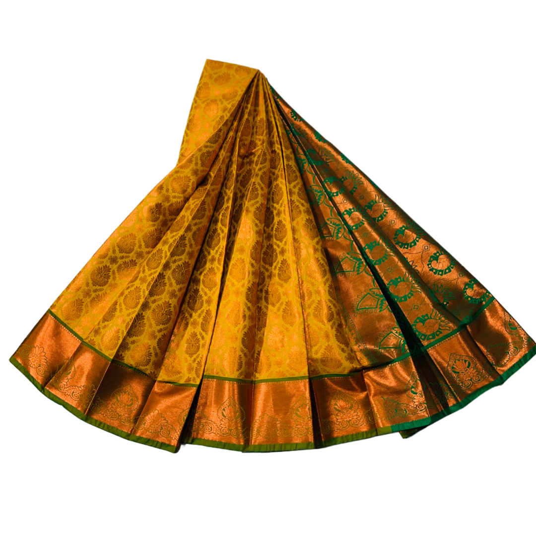 Lemon Yellow shade Soft kanchi pattu with Copper with Green Border with Lotus design.