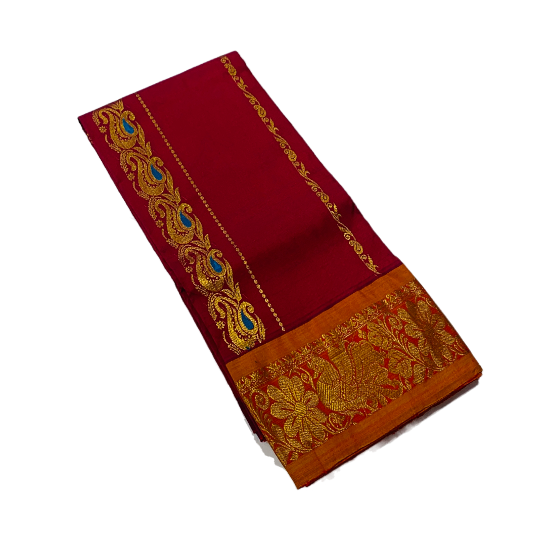 Maroon shade Semi Silk Kids Pattu Pavadai with contrast border for age 2 to 5