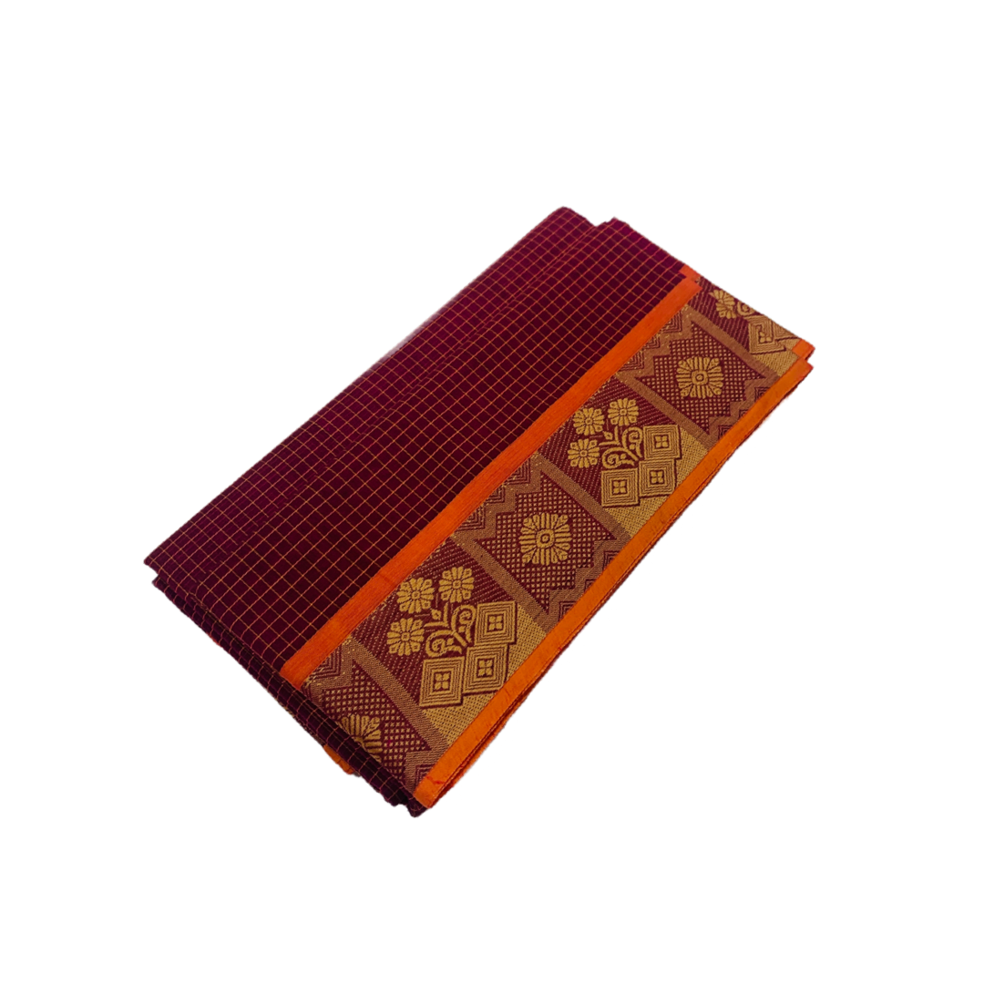 9 yards Cotton Saree Maroon Colour with Orange Border