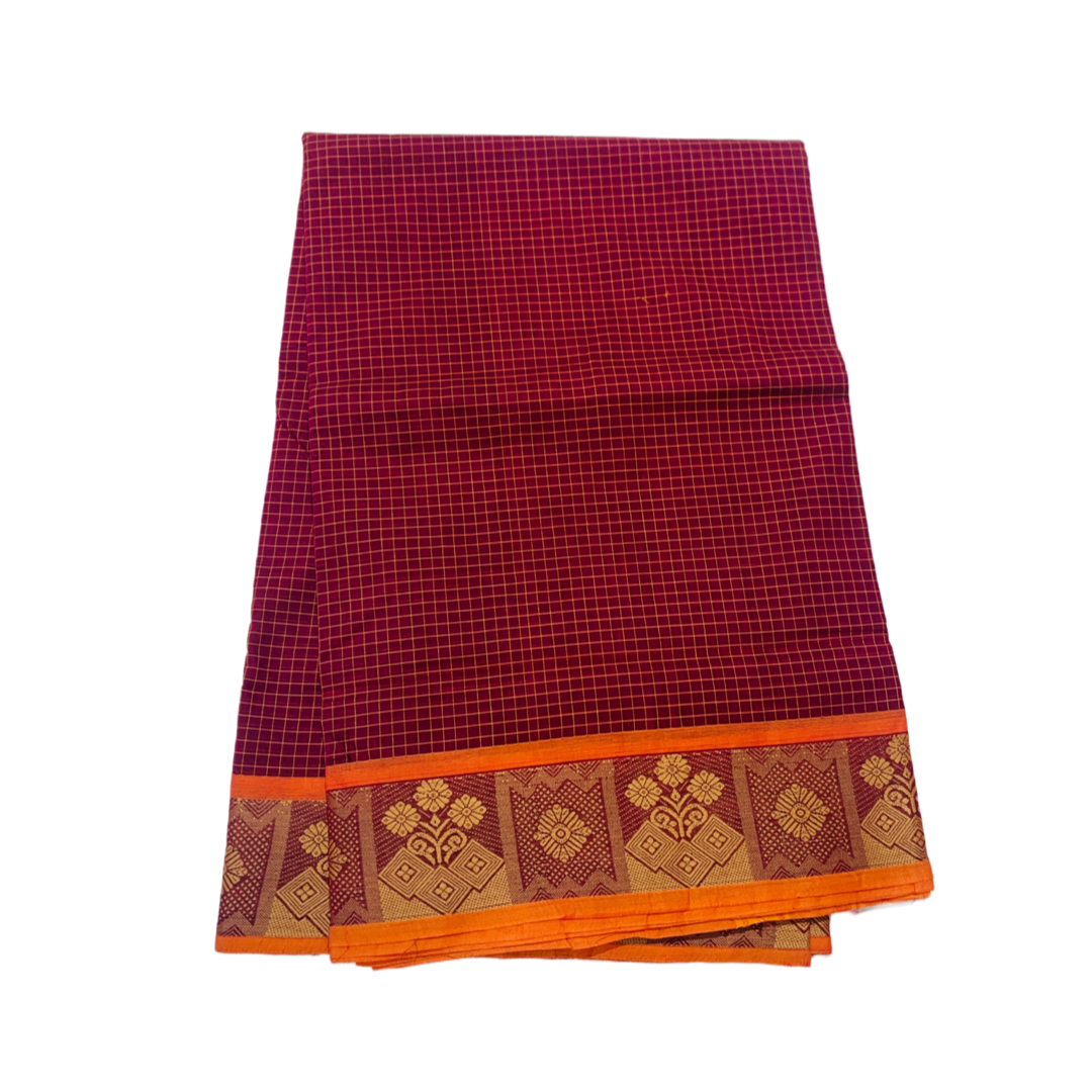 9 yards Cotton Saree Maroon Colour with Orange Border