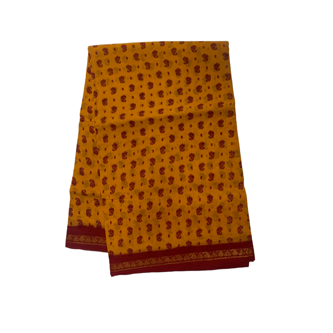 9 Yards Cotton Saree Mango Yellow Colour with Maroon Border