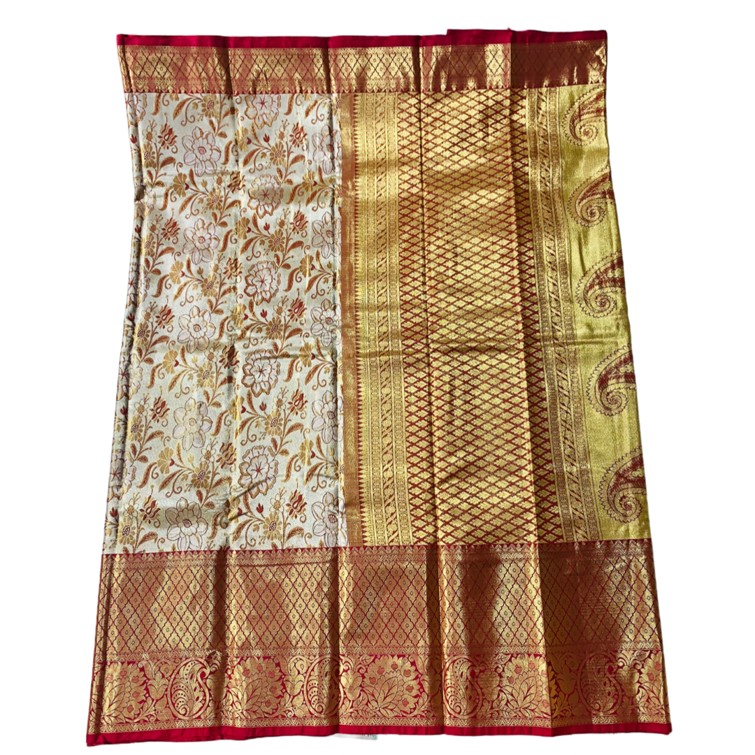 Vegan Silk Saree Golden Sliver shade with Marron with Mango design Border