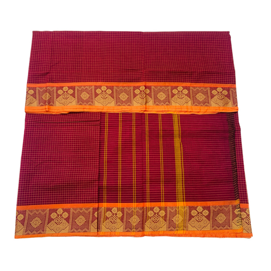 9 yards Cotton Saree Maroon Colour with Orange Border