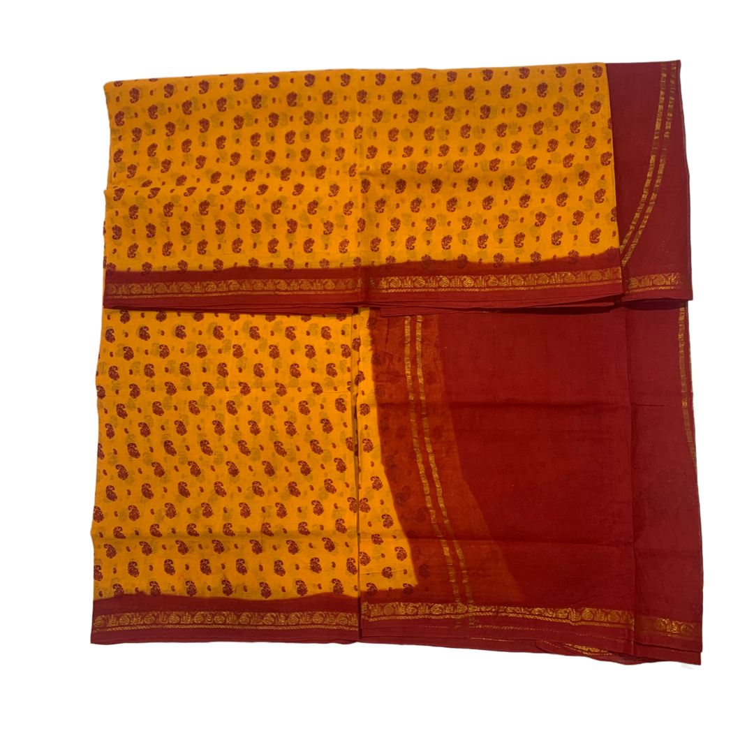 9 Yards Cotton Saree Mango Yellow Colour with Maroon Border