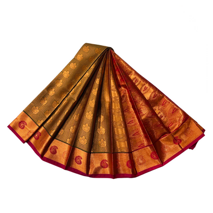 Olive Green shade Soft kanchi pattu with Copper and Pink Border.