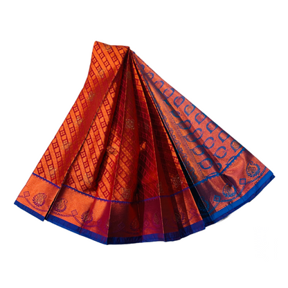 Maroon Shade Soft kanchi pattu with Copper and Blue Border with Mango design.