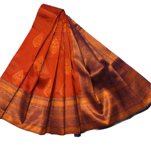 Maroon shade saree with Copper and Navy Blue Border