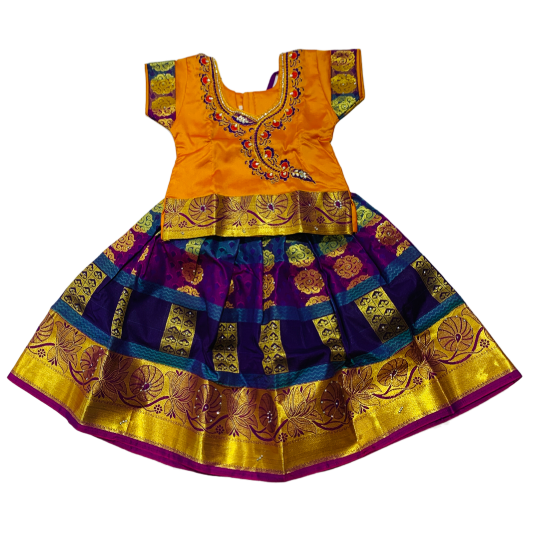 Ready To Wear Purple and Blue  Pavadai with contrast Mango Yellow Blouse -1 Year Baby