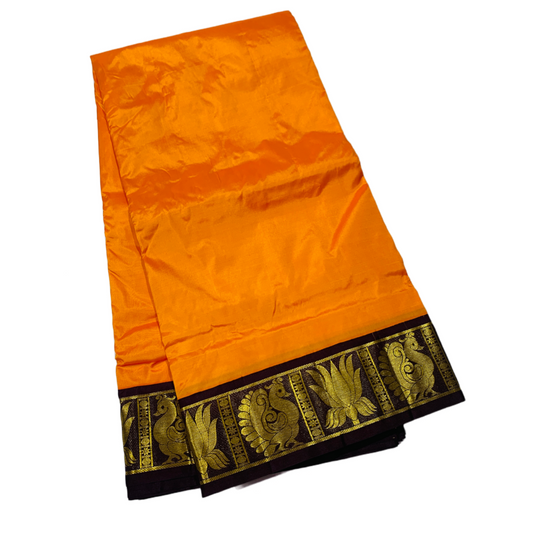 9 yards Pure Kanchipuram Silk Saree Mango Yellow Colour with Dark Green Border