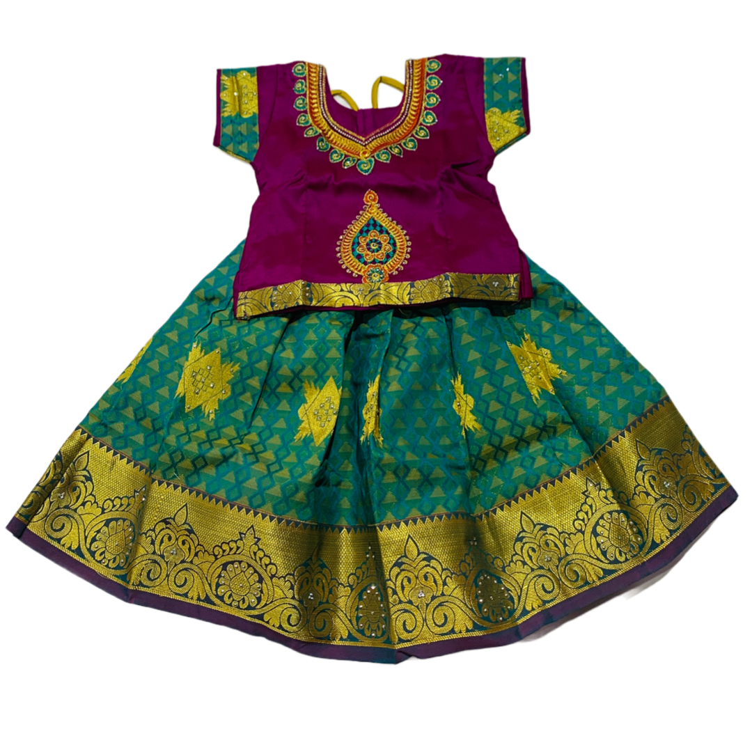 Ready To Wear Purple Pavadai with contrast Green Blouse-1 Year Baby