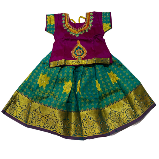 Ready To Wear Purple Pavadai with contrast Green Blouse-1 Year Baby