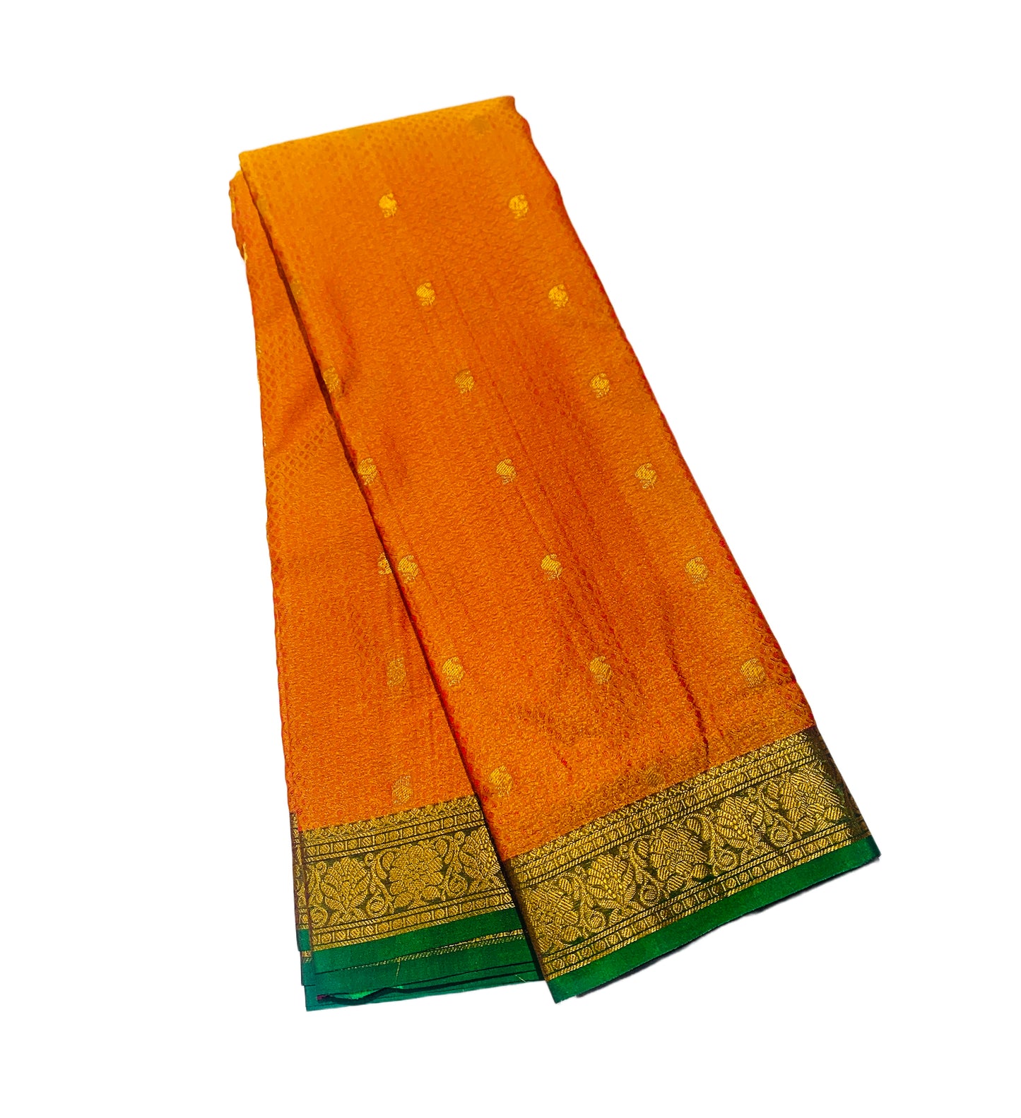 Mango Yellow shade Semi Silk Saree with Green Border with Flower Design