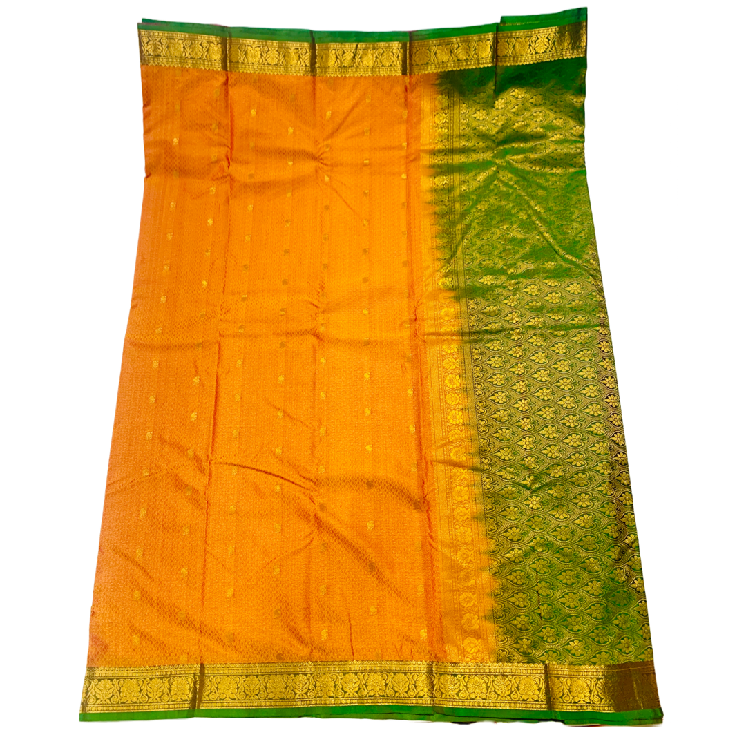 Mango Yellow shade Semi Silk Saree with Green Border with Flower Design