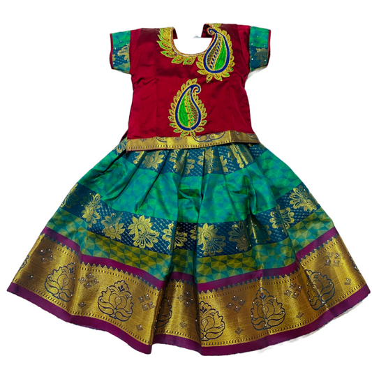 Ready To Wear Maroon Pavadai with contrast Green Blouse-1 Year Baby