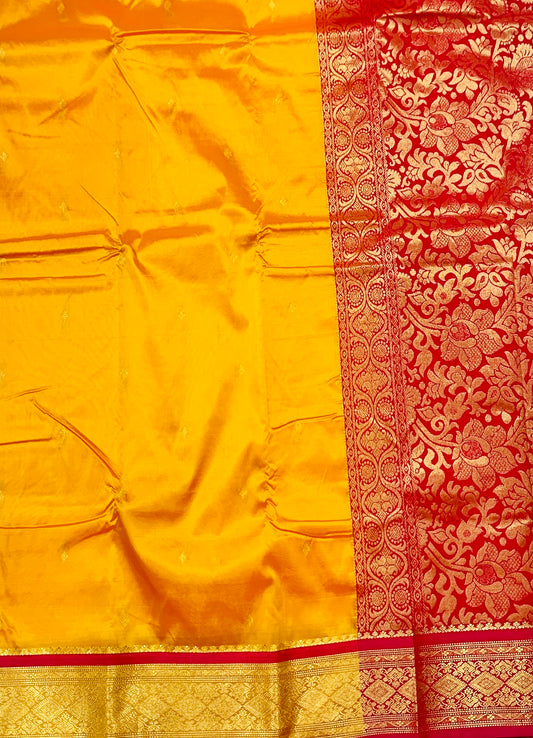 Mango Yellow shade saree with Golden  and Red Border