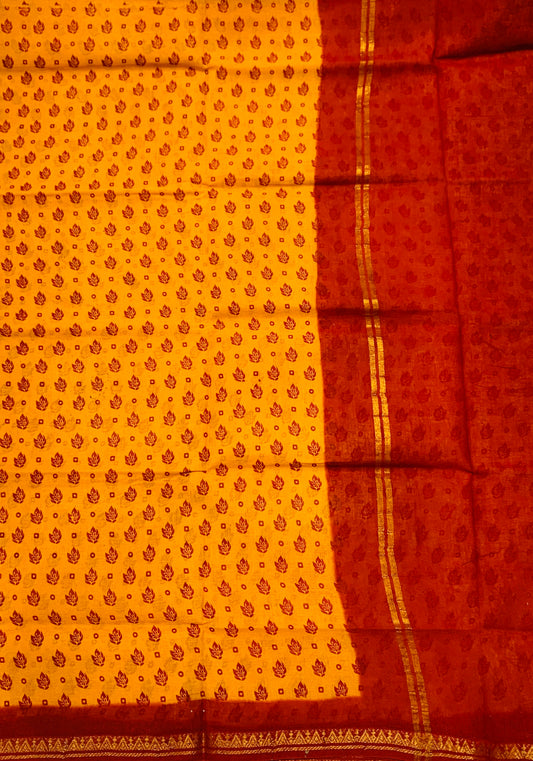 Chettinad Sungudi Cotton Mango Yellow Printed Saree