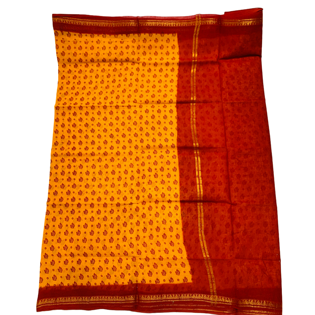 Chettinad Sungudi Cotton Mango Yellow Printed Saree