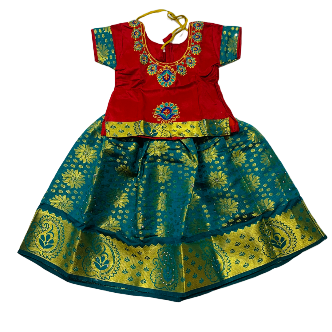 Ready To Wear  Green Pavadai with contrast Maroon Blouse - 1 Year Baby